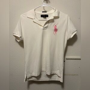 Ralph Lauren Women’s White skinny Polo Shirt Pink Big Pony Short Sleeve Large